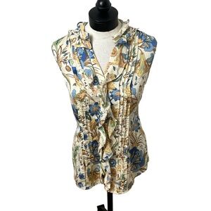 Talbots Silk Blue Floral Print Button Down Collared Neck Ruffled Front Blouse 8‎